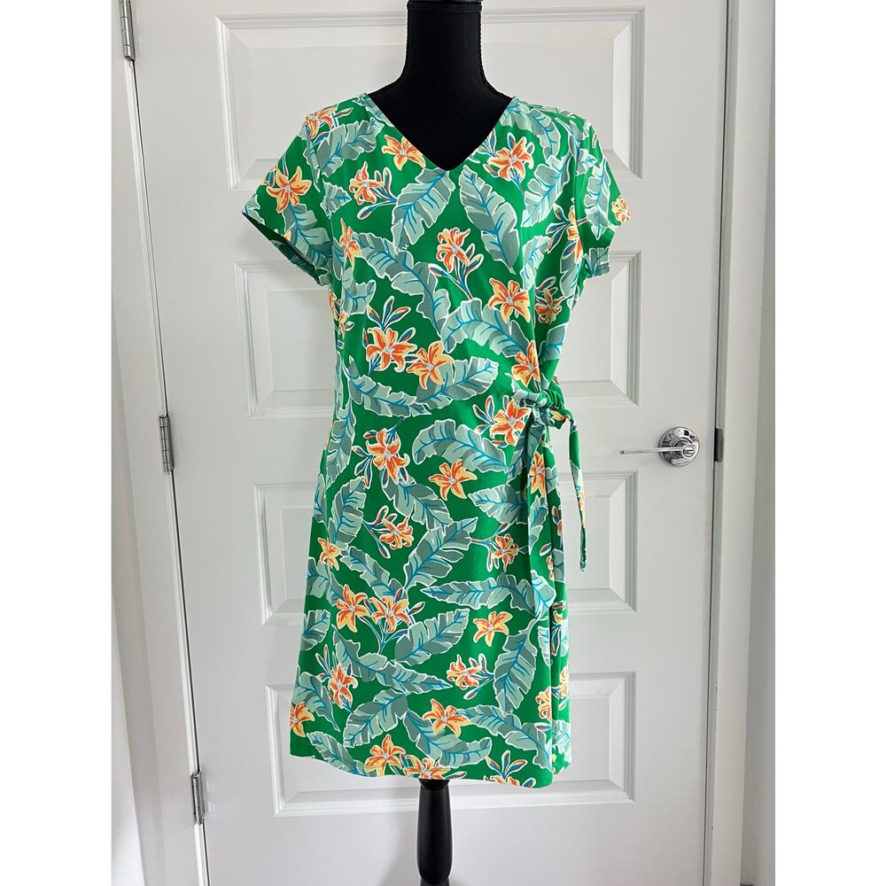 New LANDS END Shift Dress Womens L Tropical Hawaiian Resort Knee Length Side Tie